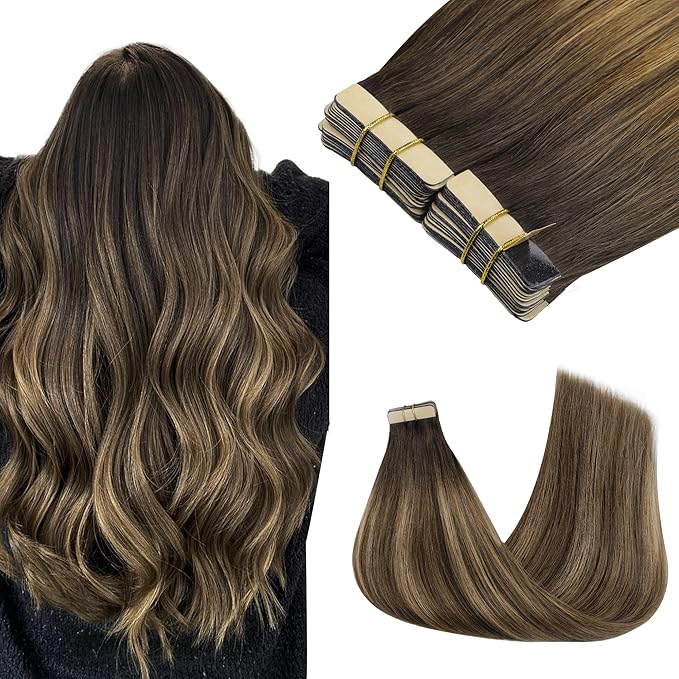 GOO GOO Tape in Hair Extensions Human Hair, 4D/14/5B Brunette Balayage, 18inch 100g 40pcs, Skin Weft Seamless Invisible, Silky Straight with Thick Ends, Remy Human Hair