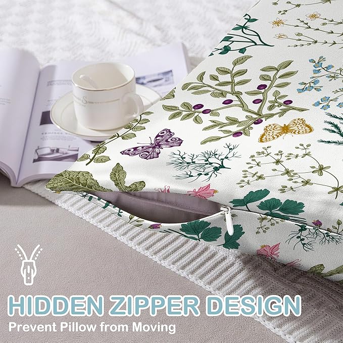 Leaves Herbs and Wildflowers Satin Pillow Case Queen Size,Soft Pillowcases for Hair and Skin Similar to Silk,Pillowcases with Hidden Zipper Bedding Accessories,20X30 Inches,1 Pack