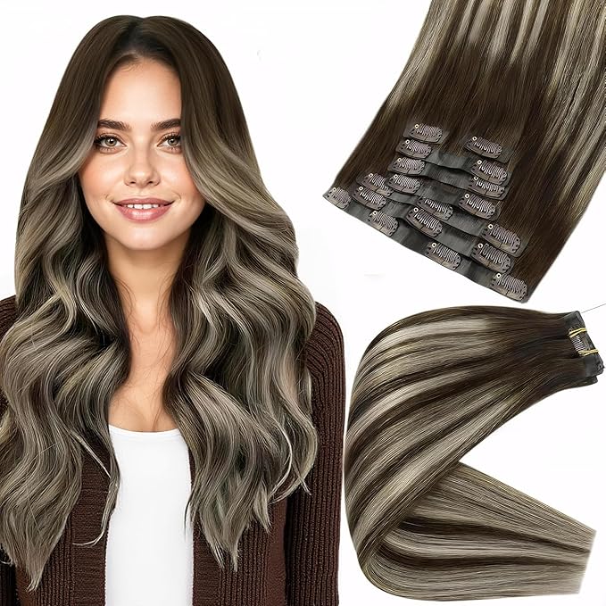 Full Shine Human Clip in Hair Extensions Balayage Seamless Clip in Hair Extensions Ombre Dark to Platinum Blonde Seamless Extension Clip ins Add Volume 18 Inch 8 PCS 120G