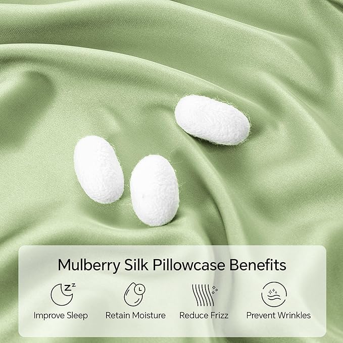 INFIIXSO Mulberry Silk Pillowcase for Hair and Skin, Silk Pillow Cases Queen Size Set of 2 with Hidden Zipper 20"x30", Ultra Smooth and Soft Cooling Pillow Cases for Hot Sleepers(Sage Green, 2 Pack)
