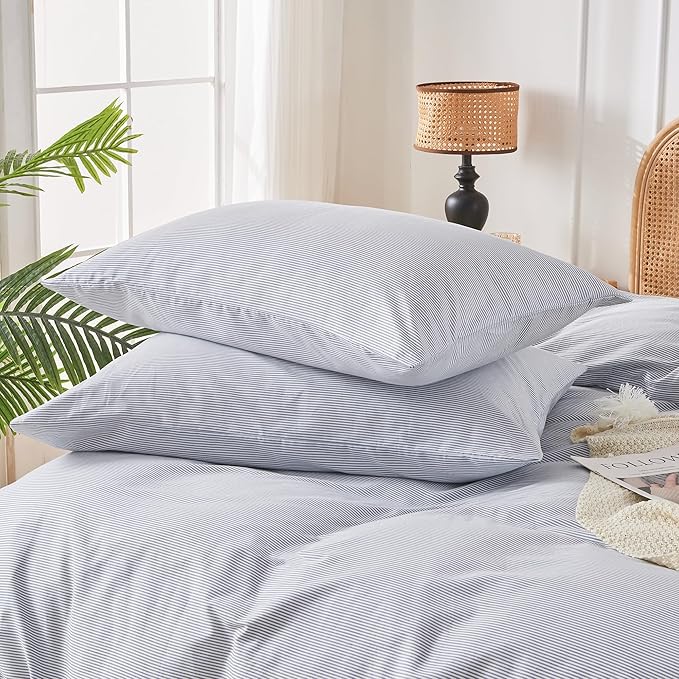 JELLYMONI 100% Natural Cotton Striped Standard Pillowcases Set, 2 Pack Thin White and Blue Stripes Pattern Printed Pillow Covers with Envelope Closure(Pillows are not Included)