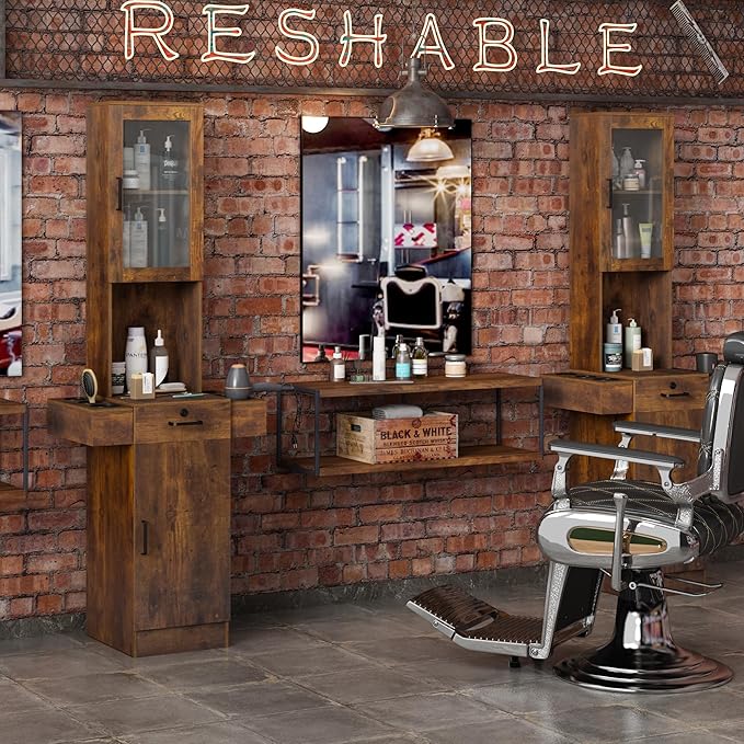 Salon Station for Hair Stylist,Hair Styling Storage Cabinet with Glass Door,Tool Dryer Holders, Salon Beauty Spa Barber Hair Staion,Rustic Brown