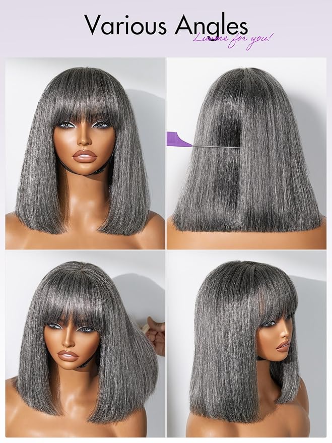 LUVME HAIR All-Day Comfort Wig 12 Inch Grey Salt & Pepper Silky Straight Bob Wig with Bangs Human Hair Glueless HD Lace Bob Wig with Mix Grey Color, Ready to Go Short Wigs For Women
