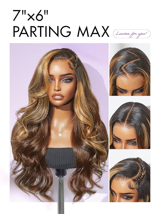 LUVME HAIR 7x6 HD Lace All-Day Comfort Wig 200% Density Hair PartingMax Lace Wigs Highlight Color Loose Body Wave Lace Front Wigs Human Hair Pre Cut Plucked Lace Frontal Glueless 20 Inches Mix Brown