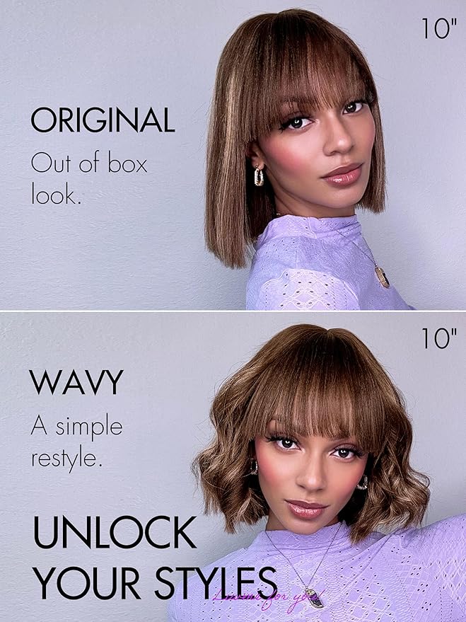 LUVME HAIR 12Inch Ash Blonde Highlights Yaki Blunt Cut Bob Wig with Bangs Glueless Minimalist Lace Short Wig Breathable Cap