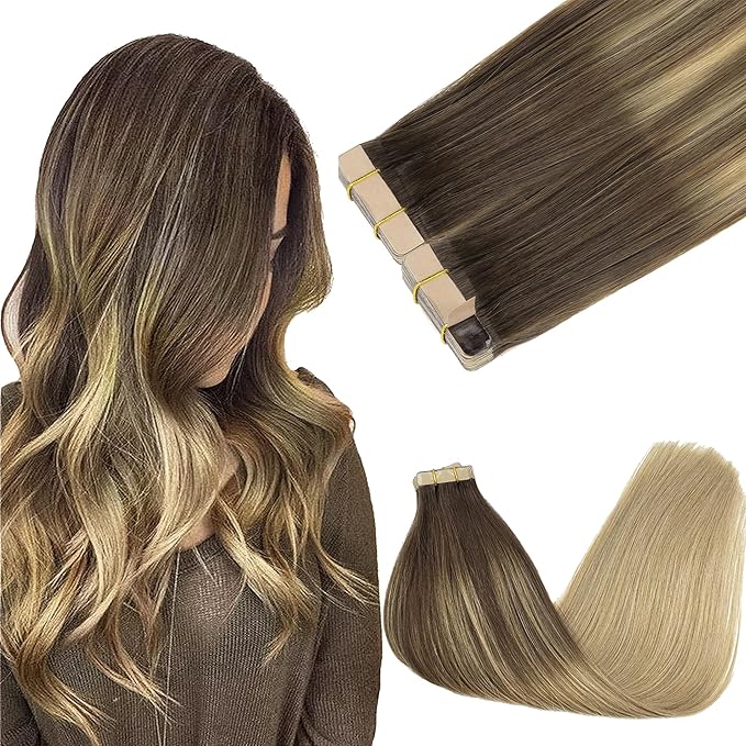 GOO GOO Tape in Hair Extensions Human Hair, 4/18 Balayage Chocolate Brown Highlighted Dirty Blonde, 22inch 100g 40pcs, Skin Weft Seamless Invisible, Silky Straight with Thick Ends, Remy Human Hair