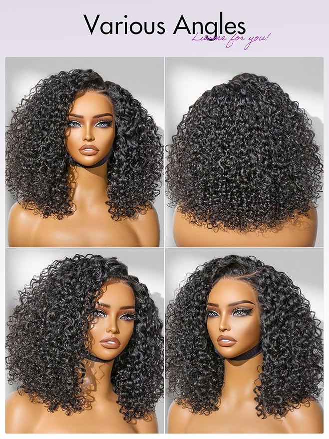 LUVME HAIR 100% Real Human Hair Wig Lace Frontal Deep Curly 16 inches Drawstring Cap Glueless HD Lace Wigs Human Hair Pre Plucked Pre Cut, Curly Wig Human Hair Ready to Go Wig