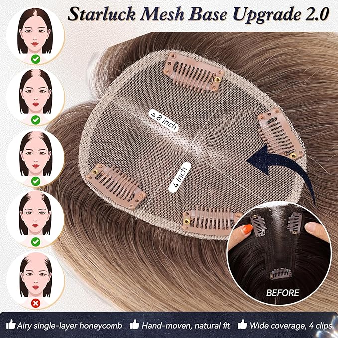 starluck Hair Toppers for Women Real Human Hair No Bangs, 100% Remy HumanHair Toppers for Women Hand-woven with Thinning,Cover Gray Roots,Adds Volume,Ombre Ash Blonde