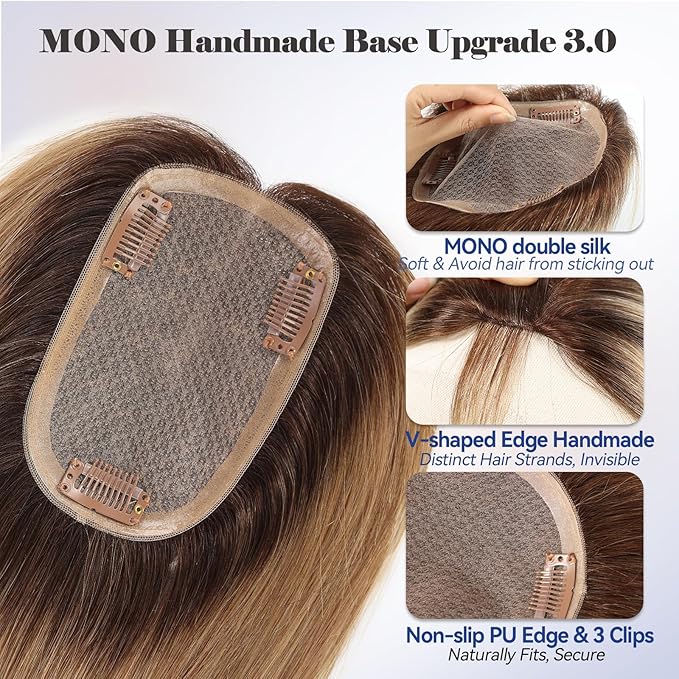HAIRCUBE Hair Toppers 100% Real HumanHair,Ombre Ash Blonde,5.5"*4" MONO Large Base, 46g Hand-moven Real Human Hair Toppers for Women with ThinningHair
