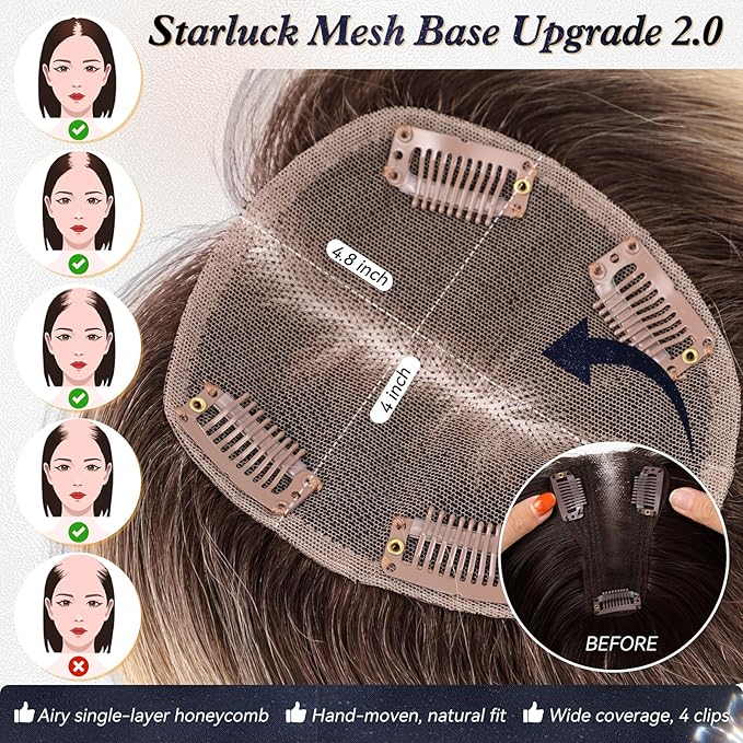 starluck Hair Toppers for Women Real Human Hair With Bangs, 100% Remy HumanHair Toppers for Women Hand-woven with Thinning,Cover Gray Roots,Adds Volume,Ombre Blonde