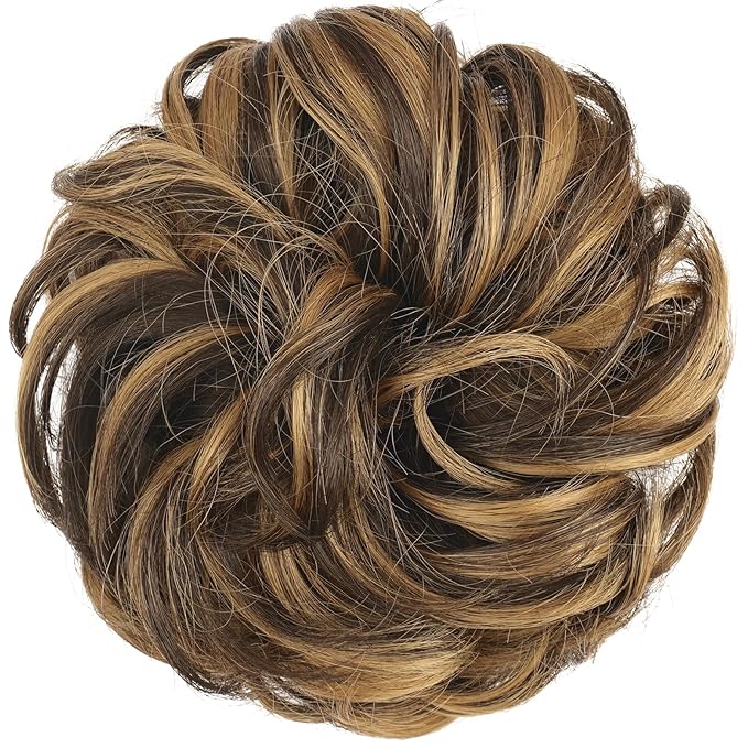 FESHFEN Messy Bun Hair Piece - Large Elastic Wavy Curly Hair Bun Scrunchies Ponytail Extensions Synthetic Chignon Hairpieces for Women, Brown Highlighted Caramel Blonde 1.94oz