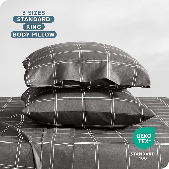 Bare Home Microfiber Pillow Cases - Standard/Queen Size Set of 2 - Cooling Pillowcases - Double Brushed - Pillowcases 2 Pack - Easy Care (Standard, Modern Plaid - Grey/White)