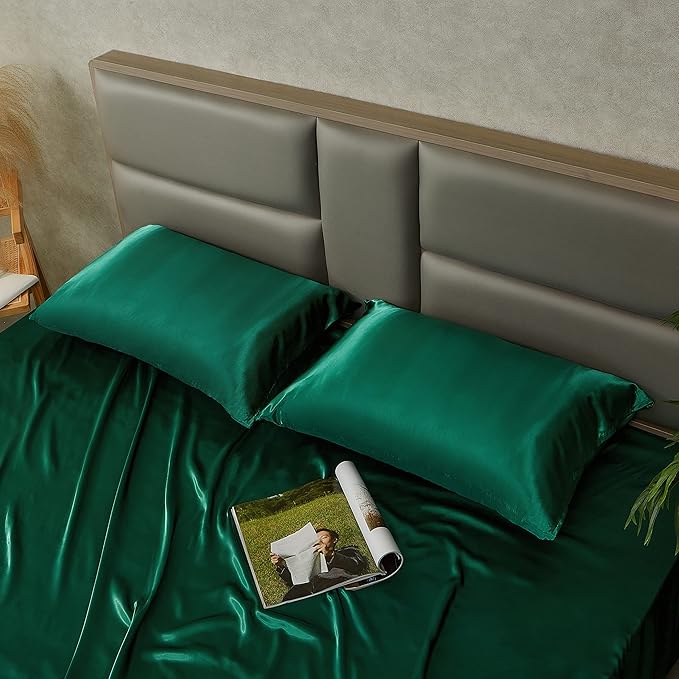 Blackish Green Satin Pillowcase Standard Set of 2 with Envelope Closure，Blackish Green Silk Pillowcase for Hair and Skin (20x26)