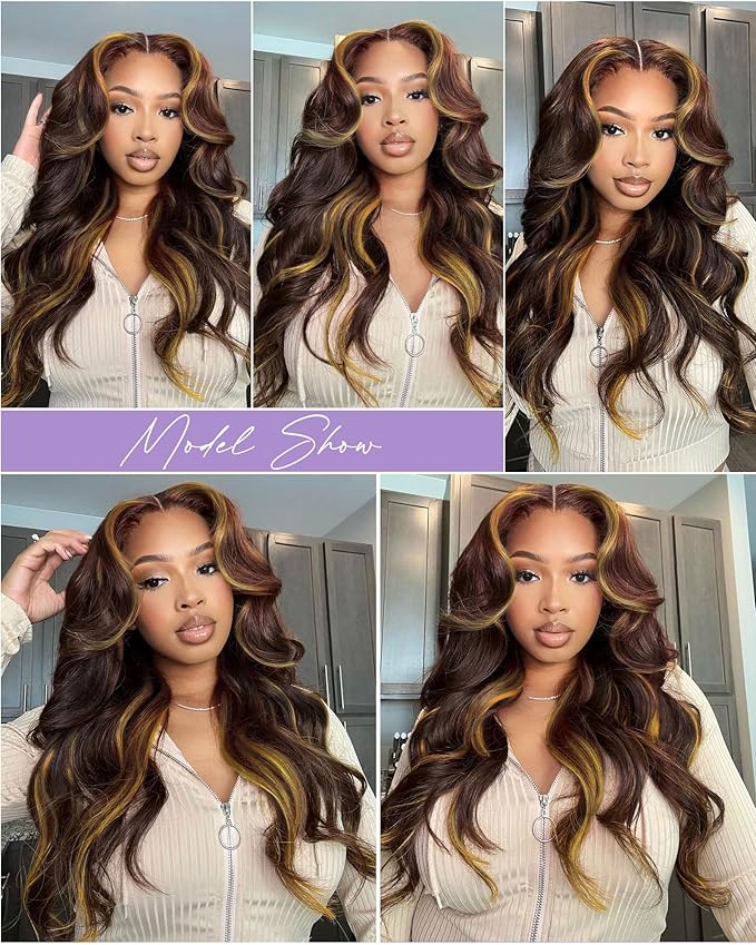 Highlight Yellow On Brown Color 2x6 HD Lace Closure Human Hair Body Wave Transparent Lace Closure 2x6 Long Middle Part 100% Raw Virgin Human Hair 20 Inch 150% Density