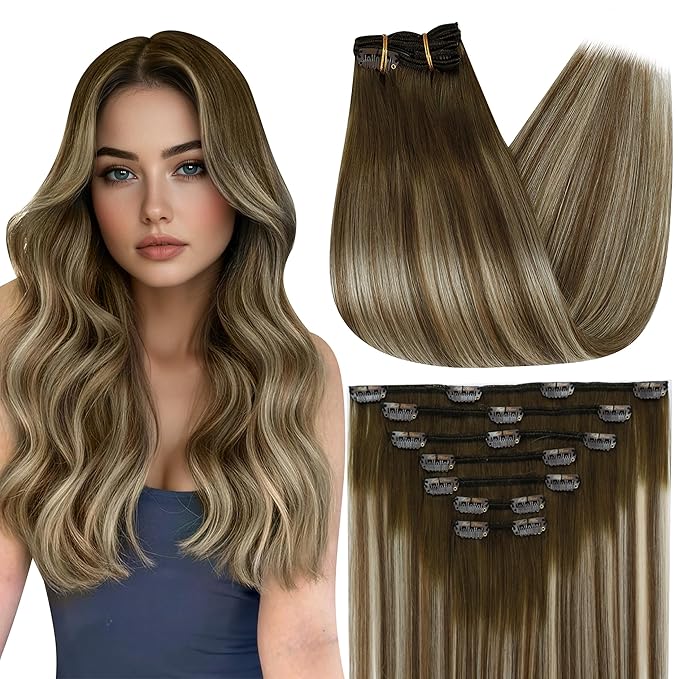 Full Shine Hair Extensions Real Human Hair Clip ins Ombre Clip in Hair Extensions Straight Brown Balayage Ash Brown Mix Blonde Hair for Women 14 Inch 7 Pcs 120 G