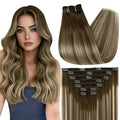 Full Shine Hair Extensions Real Human Hair Clip ins Ombre Clip in Hair Extensions Straight Brown Balayage Ash Brown Mix Blonde Hair for Women 14 Inch 7 Pcs 120 G