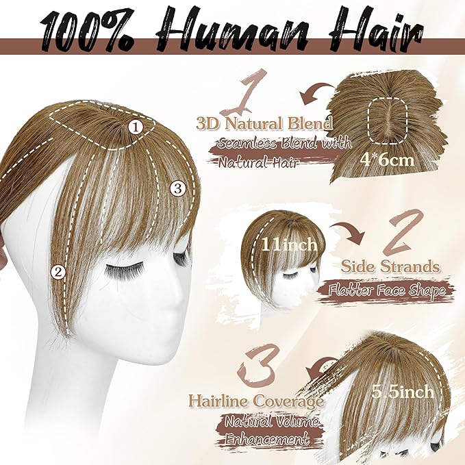 Hair Toppers for Women Real Human Hair - 360° Coverage Brown Clip In Topper with Bangs for Thinning Hair Upgraded 4×6 cm Silk Base Ideal for Everyday Use