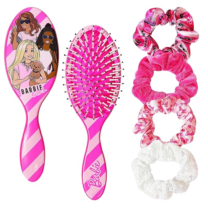 Barbie Hair Accessory 5 Pcs Set - 1 Regular 9 inch Hairbrush & 4 Scrunchies - Detangling Brush Elastic Hair Ties Ropes, Ages 3+