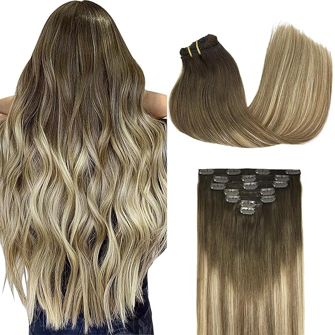 GOO GOO Clip in Hair Extensions Real Human Hair, Remy Human Hair Extensions Clip ins for Women, Natural Human Hair, 18inch 120g 7Pcs, 3/8/613 Balayage Walnut Brown to Ash Brown and Bleach Blonde