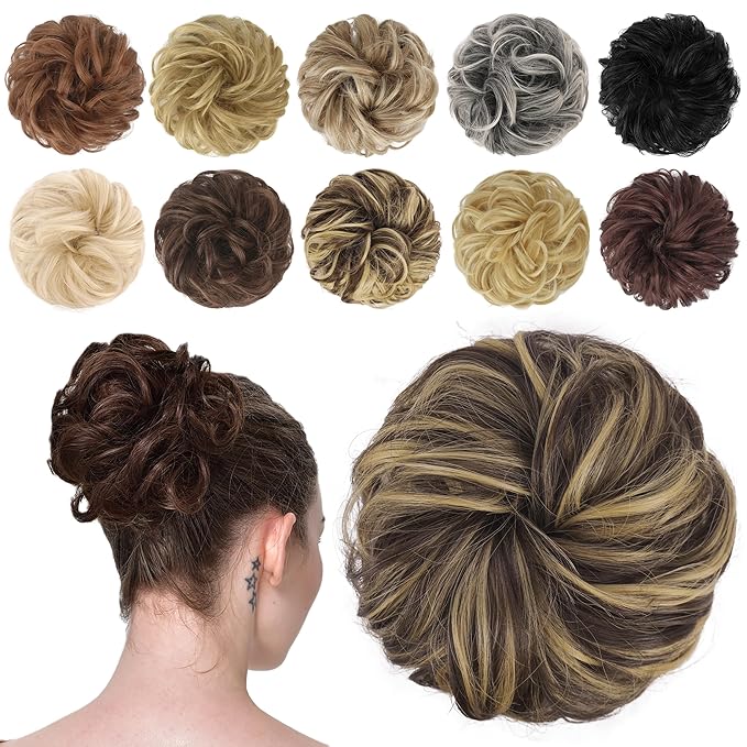 FESHFEN Messy Bun Hair Piece - Elastic Wavy Curly Hair Bun Scrunchies Extensions Synthetic Chignon Hairpieces for Women, Dark Brown & Champagne Blone 1.5 oz