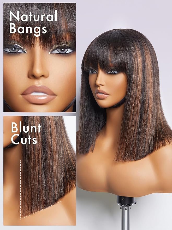 LUVME HAIR 14 Inch Yaki Straight Bob Wig with Bangs Human Hair Glueless HD Lace Bob Wig with Brown Highlights, Ready to Go Short Wigs For Women 180 Density Breathable Cap