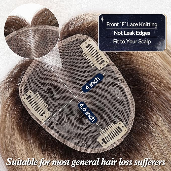 starluck Human Hair Toppers for Women with Thinning Hair, 14 Inch Real Hair Topper, 4.6x4 Inch SilkHug Swiss Lace Base Hairpiece, With Bangs (Ombre Ash Blonde)