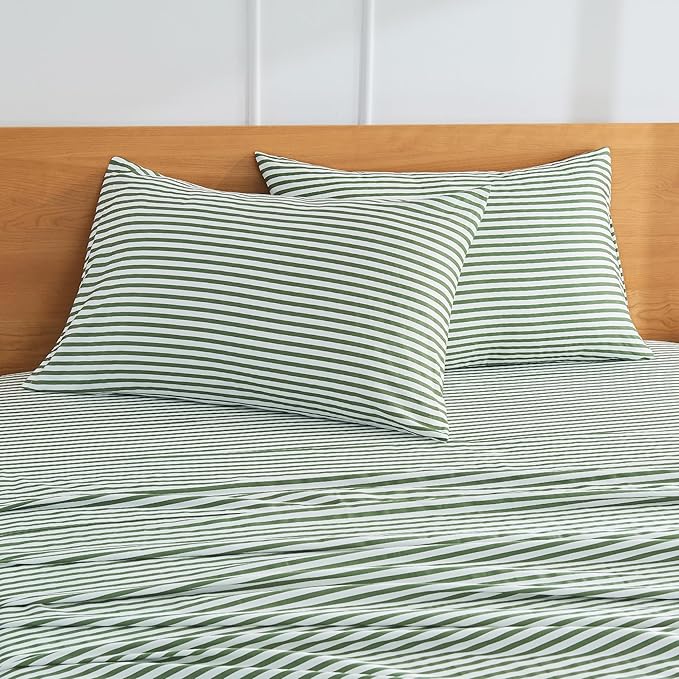 JELLYMONI 100% Natural Cotton Striped Queen Pillowcases Set, 2 Pack White and Green Stripes Pattern Printed Pillow Covers with Envelope Closure(Pillows are not Included)
