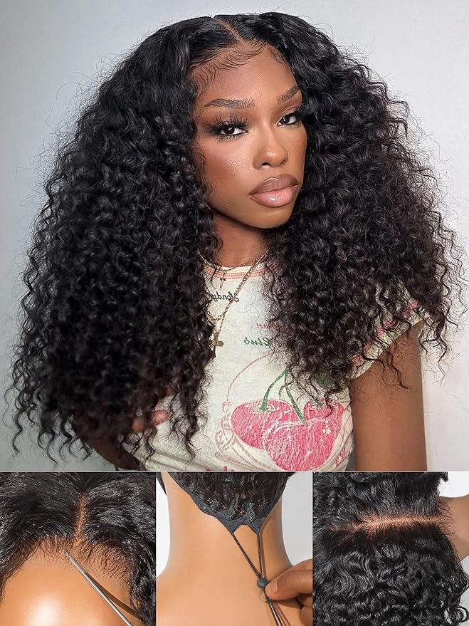 LUVME HAIR 5X5 Kinky Curly 200% Human Hair Wigs Glueless Lace Front 20 Inches Pre Cut Plucked Hd Lace Wig Ready To Go Natural Color Flexi-Fit Drawstring Cap Bleached Knots Black Wigs