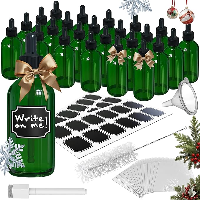 Nevlers 4 Oz Green Glass Dropper Bottle 24 PK | Leakproof Eye Droppers for Oils | Glass Tincture Bottles with Dropper, Shrink Wrap, Funnel, Brush, Marker & Labels | Eye Drop Dispenser Hair Oil Bottle