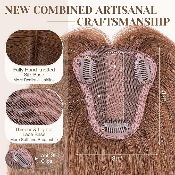 S-noilite Hair Toppers for Women Real Human Hair 3D 360° Cover Clip in 100% Real Human Hair Toppers 3″*4″ Clip in Silk Base 12 inch Light Brown