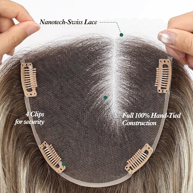 Full Hand Tied Hair Toppers for Women Remy Human Hair Lace Front Topper 14 Inch 6"×6" Partial wig Cover Thinning Hair or Loss No Bangs Top Hair Pieces (Ombre Brown Mix Platinum)