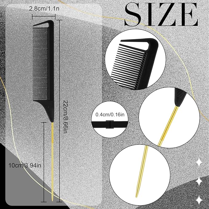 Patelai 30 Pieces Rat Tail Combs Bulk, Hair Teasing Fine Tooth Pintail Combs Braiding Hair Styling Tools with Steel Pin for Stylists Salon Teasing Sectioning Coloring Detangling(Black, Gold)
