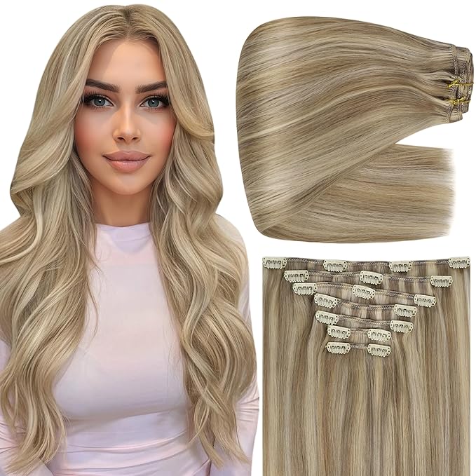 Full Shine Blonde Clip in Hair Extensions Highlight Human Hair 18 Inch for Thick Hair Invisible Clip in Human Hair Extensions Straight Blonde Extensions 18 Inch 135 G