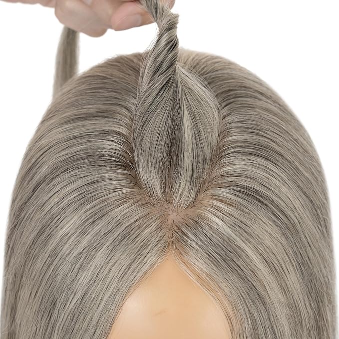 Hairro Human Hair Toppers Free Parted, 3.5x4.7" Base Hand-wovened 100% Real Hairpieces, with Invisible Clips-in for Women, for High Hairline/Adding Volume on Top, 10 Inch Blondish Grey Mix Silver
