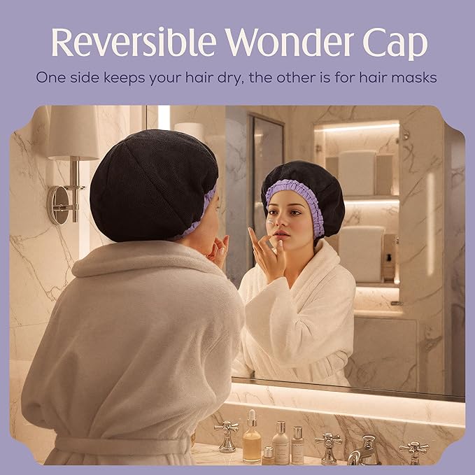 Premium Shower Cap for Women with Long Hair. Reusable, 100% Waterproof, Double-Sided, Great For Curls with Anti-Frizz Fabric terry-lined. Black shower caps for women
