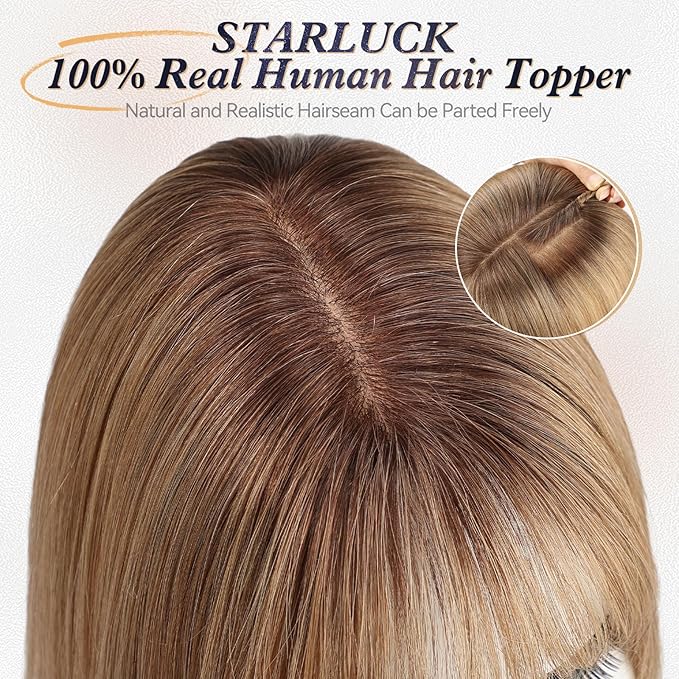 starluck Human Hair Toppers for Women Real Human Hair With Bangs 4 * 5.5 inch Base 12 inch SilkHug Topper for Women with Thinning Hair Cover Grey Roots(Ombre Light Brown)