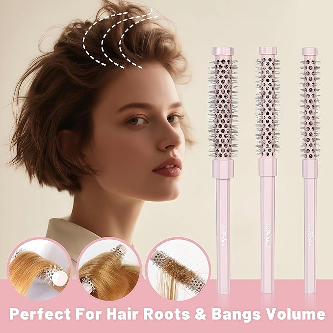 3pcs Small Round Hair Brush for Short Hair - Barrel Hair Brush for Blow Drying, Aluminum Round Brush for Bobs, Bangs, Lobs, Roots, Curling, Pixie Cuts, Straight Hair - Pink