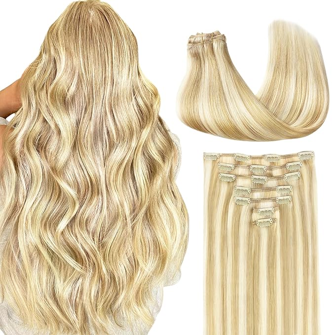 GOO GOO Clip in Hair Extensions Real Human Hair, Remy Human Hair Extensions Clip ins for Women, Natural Human Hair, 12inch 85g 7Pcs, #18D/22F Dirty Blonde Highlights