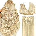 GOO GOO Clip in Hair Extensions Real Human Hair, Remy Human Hair Extensions Clip ins for Women, Natural Human Hair, 16inch 120g 7Pcs, 18D/22F Dirty Blonde Highlights