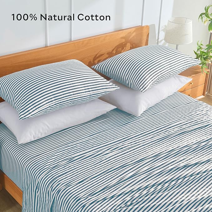 JELLYMONI 100% Natural Cotton Striped King Pillowcases Set, 2 Pack White and Grayish Blue Stripes Pattern Printed Pillow Covers with Envelope Closure(Pillows are not Included)