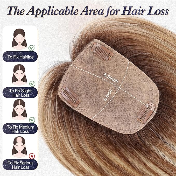 starluck Human Hair Toppers for Women Real Human Hair With Bangs 4 * 5.5 inch Base 12 inch SilkHug Hair Topper for Women Cover Grey Roots(Brown with Blonde Highlight)