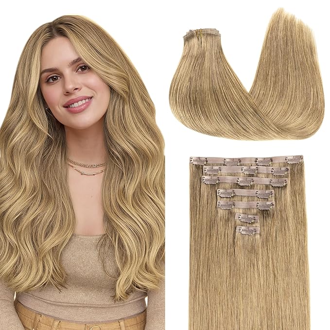 GOO GOO Clip in Hair Extensions Real Human Hair, Remy Human Hair Extensions Clip ins for Women, Natural Human Hair, 16inch 130g 7Pcs, 7 Bronde