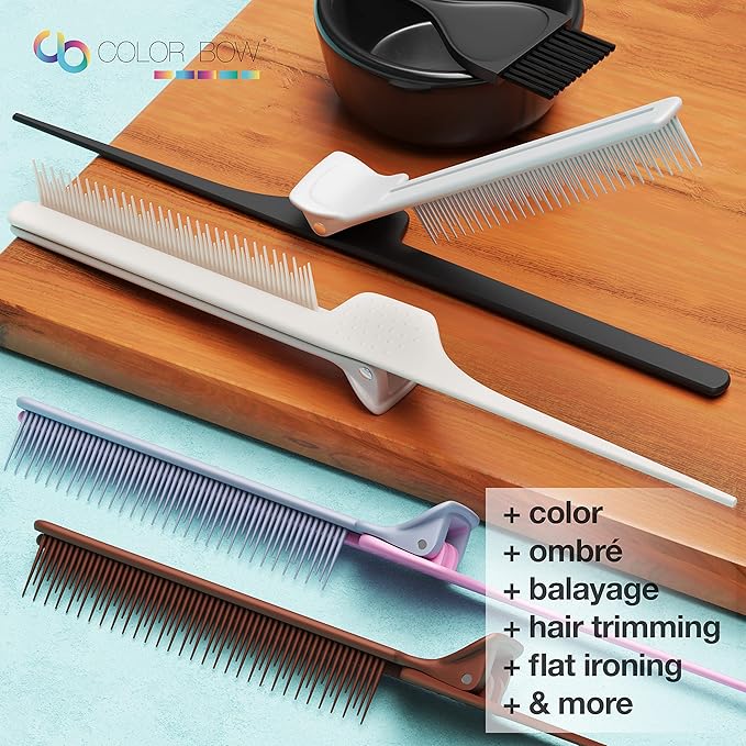 COLORBOW ColorBow Rat Tail Teasing Clip Comb (2 Pack) Hair Straightener Comb - Flat Iron Comb - Straightening Comb - Hair Coloring Pink / Gray