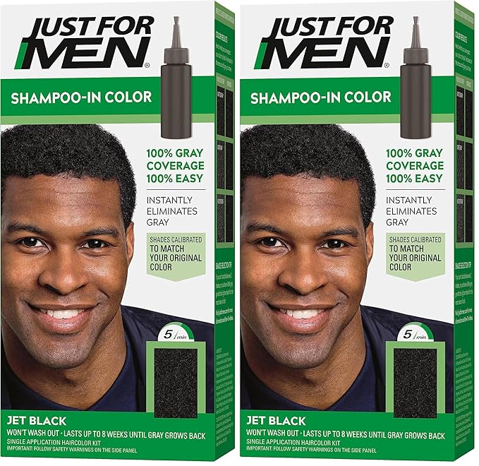 Just For Men Shampoo-In Color (Formerly Original Formula), Mens Hair Color with Keratin and Vitamin E for Stronger Hair - Jet Black, H-60, Pack of 2