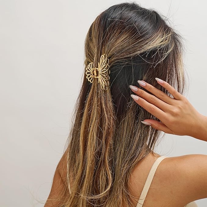 Gold Hair Clips for Women Flower and Double Row Small Claw Clips for Thin/Medium Fine Hair - Nonslip Jaw Clips