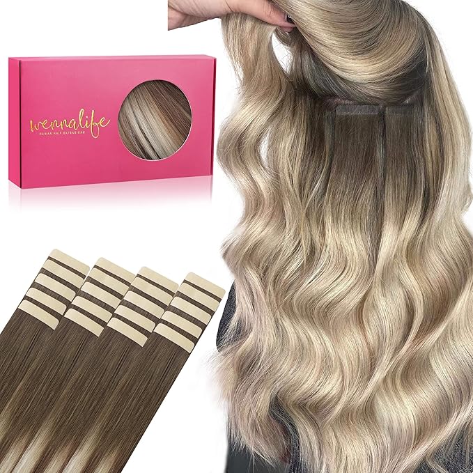 WENNALIFE Tape in Hair Extensions Human Hair, 20pcs 30g 10 inch Sandy Brown to Platinum Blonde Remy Hair Extensions Straight Human Hair Tape in Extensions Skin Weft Tape Extensions Human Hair