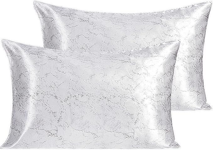 NTBAY 2 Pack Satin Queen Pillowcases for Hair and Skin, Luxurious and Silky Marbling Printed Pillow Cases with Envelope Closure, 20x30 Inches, White
