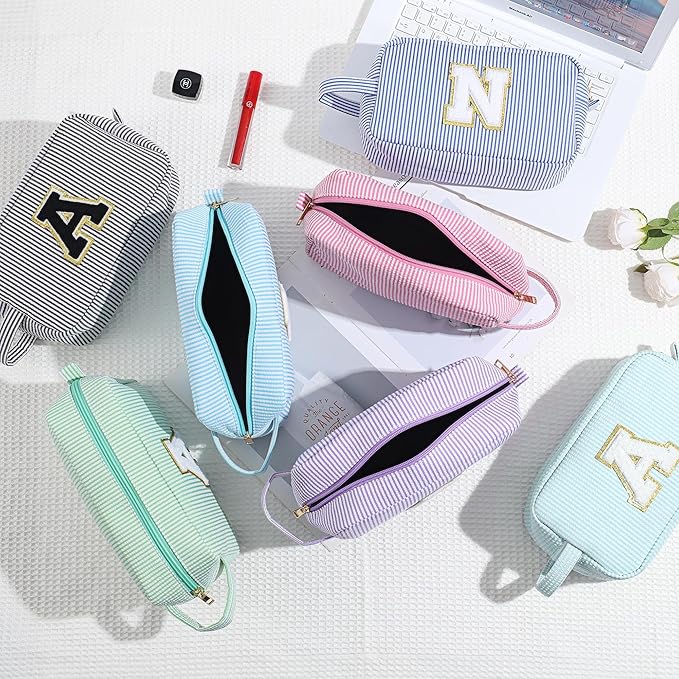 YOOLIFE Initial Cosmetic Bag for Women - Monogram Cute Blue Makeup Bags Toiletry Pouch Make Up Case for Women Her Best Friend Friendship Sister Teacher, Personalized Birthday Gifts for Women P