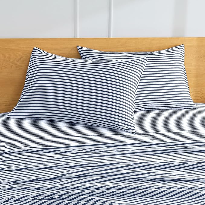 JELLYMONI 100% Natural Cotton Striped Queen Pillowcases Set, 4 Pack White and Dark Blue Stripes Pattern Printed Pillow Covers with Envelope Closure(Pillows are not Included)