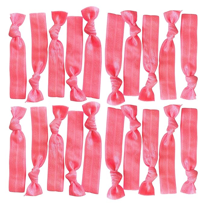 Kenz Laurenz Hair Ties Elastics Ponytail Holder Set, No Crease Ribbon Bands - Neon Pink (Pack of 20)